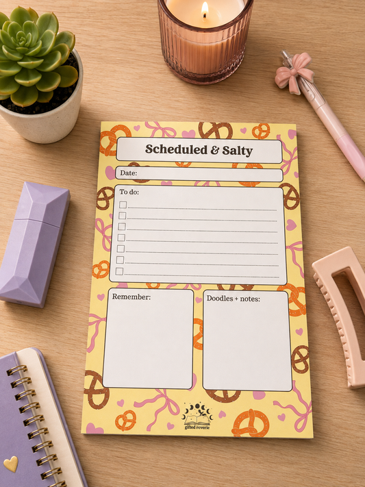 Scheduled & Salty Pretzel Notepad (A5) – A cute daily planner with personality