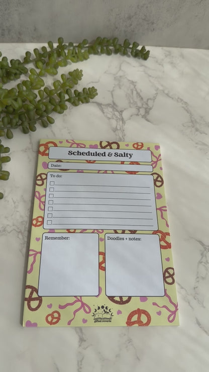 Scheduled & Salty Pretzel Notepad (A5) – A cute daily planner with personality